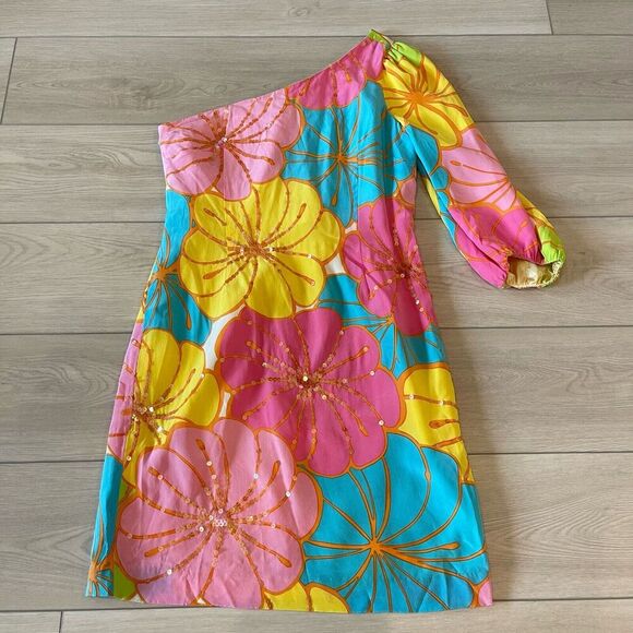 Lilly Pulitzer Women's Asymmetrical One Shoulder Mini Dress Floral 8‎ 1005 Silk - Picture 1 of 10